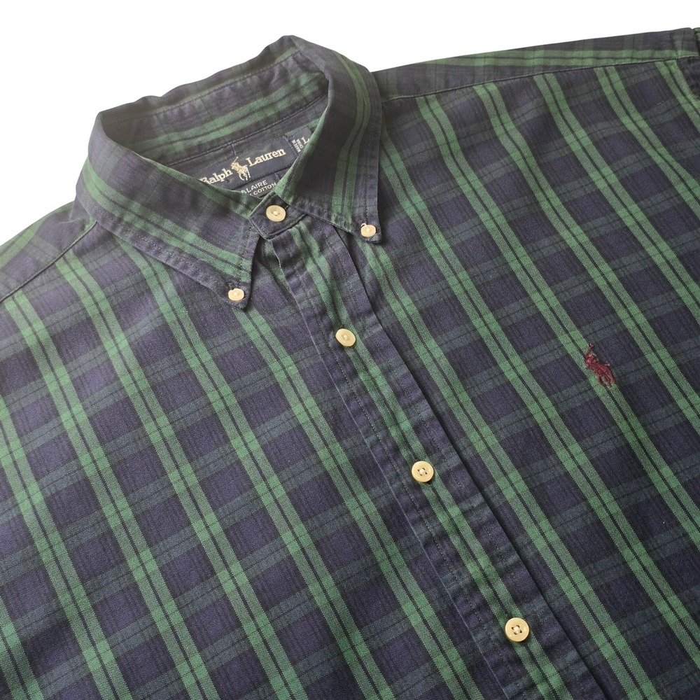 Ralph Lauren Button Down Men's L Navy Green Blaire Plaid Cotton Short Sleeve